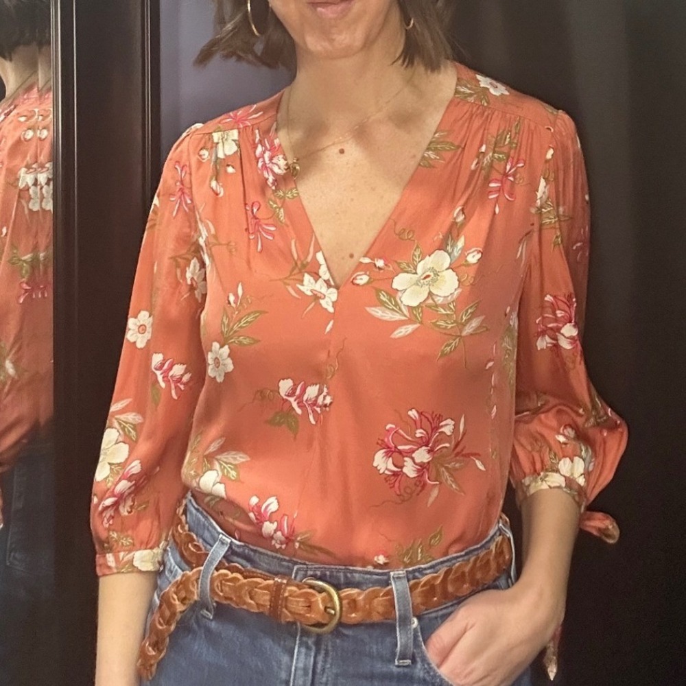 Rebecca‎ Taylor Floral Silk Blend V Neck Tie Sleeve Blouse Coral Pink Womens S M